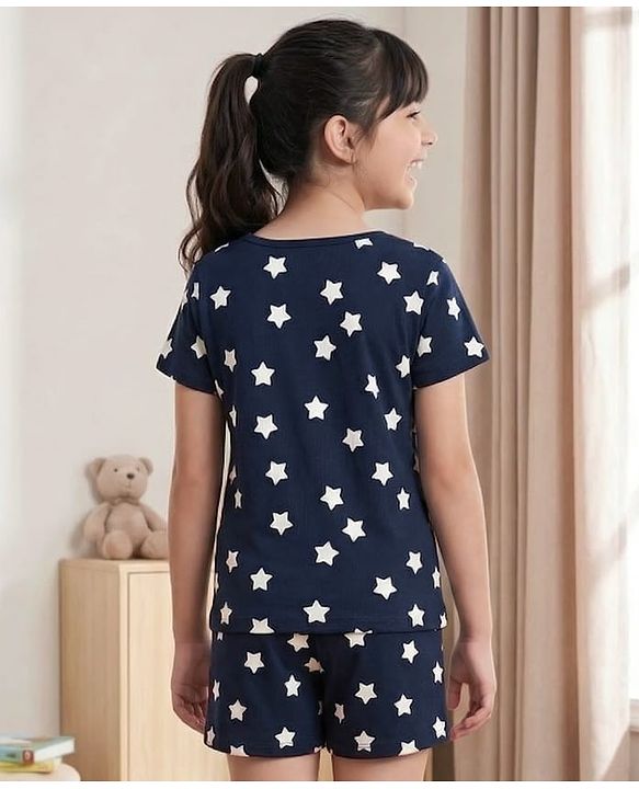 Pine Kids Single Jersey Knit Half Sleeves T-Shirt & Shorts Night-Suit With Star & Text Print - Blue