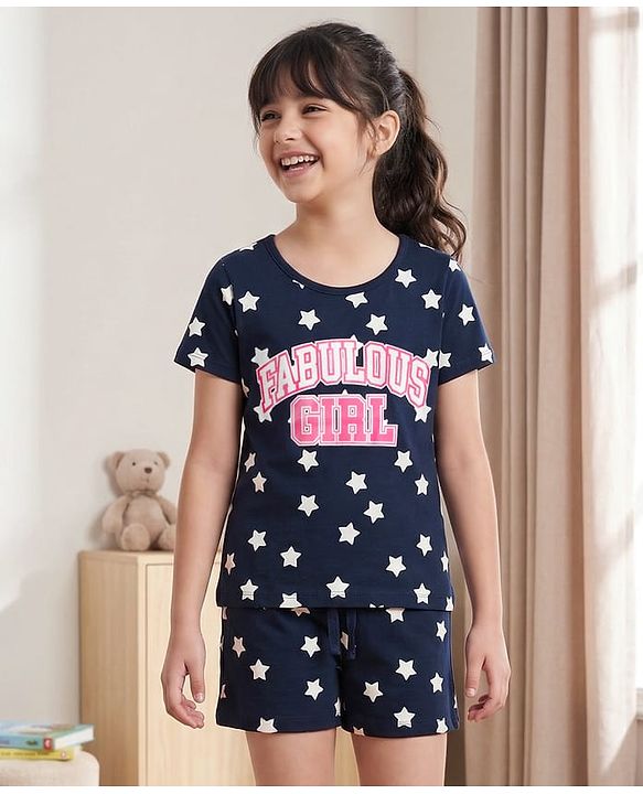 Pine Kids Single Jersey Knit Half Sleeves T-Shirt & Shorts Night-Suit With Star & Text Print - Blue
