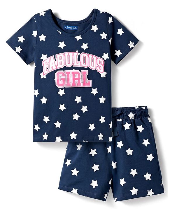 Pine Kids Single Jersey Knit Half Sleeves T-Shirt & Shorts Night-Suit With Star & Text Print - Blue