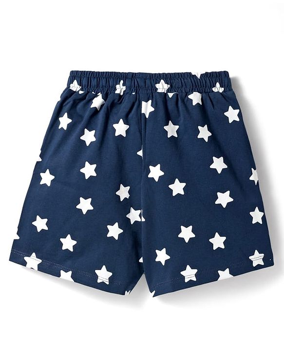 Pine Kids Single Jersey Knit Half Sleeves T-Shirt & Shorts Night-Suit With Star & Text Print - Blue