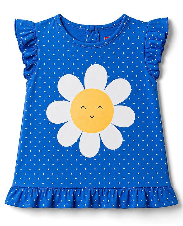 Babyhug Cotton Knit Sleeveless Nighty with Polka Dot & Floral Print - Blue