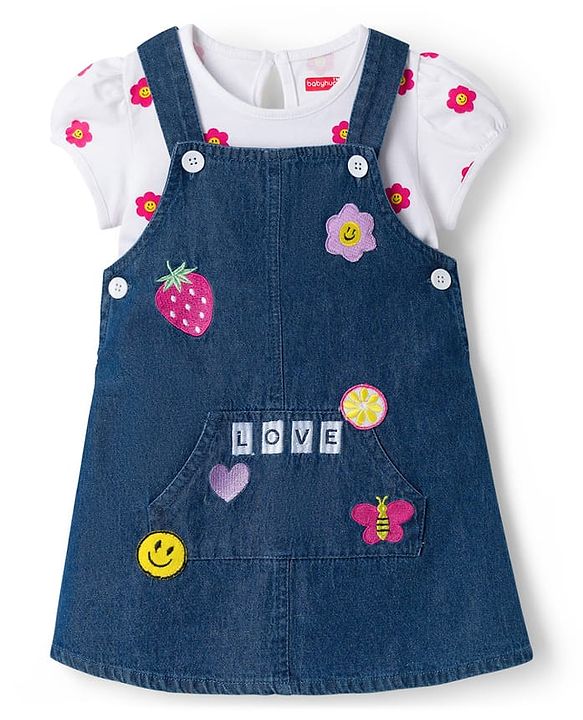 Babyhug Cotton Woven Frock & Half Sleeves Inner Tee With Floral Print & Embroidery - Navy Blue & White