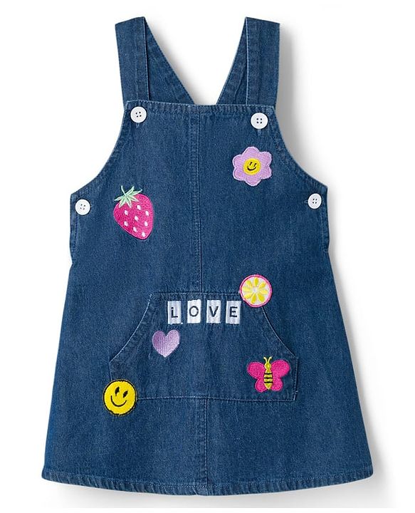 Babyhug Cotton Woven Frock & Half Sleeves Inner Tee With Floral Print & Embroidery - Navy Blue & White