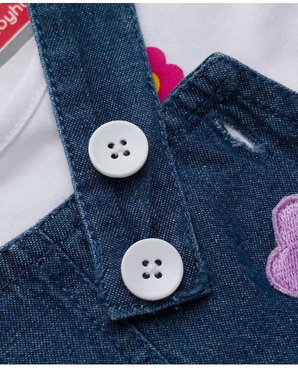 Babyhug Cotton Woven Frock & Half Sleeves Inner Tee With Floral Print & Embroidery - Navy Blue & White