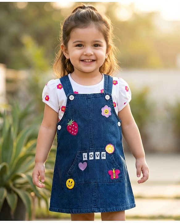 Babyhug Cotton Woven Frock & Half Sleeves Inner Tee With Floral Print & Embroidery - Navy Blue & White