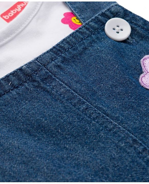 Babyhug Cotton Woven Frock & Half Sleeves Inner Tee With Floral Print & Embroidery - Navy Blue & White