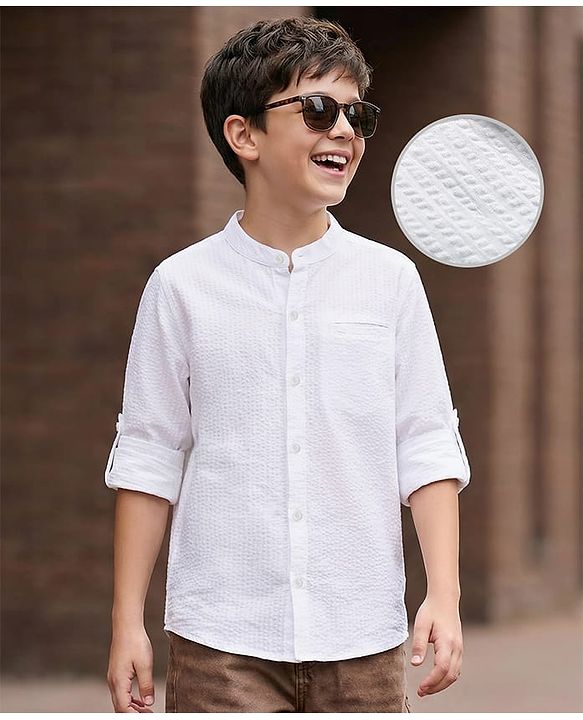 Pine Kids Cotton Woven Full Sleeves Mandarin Collar Solid Shirt - White