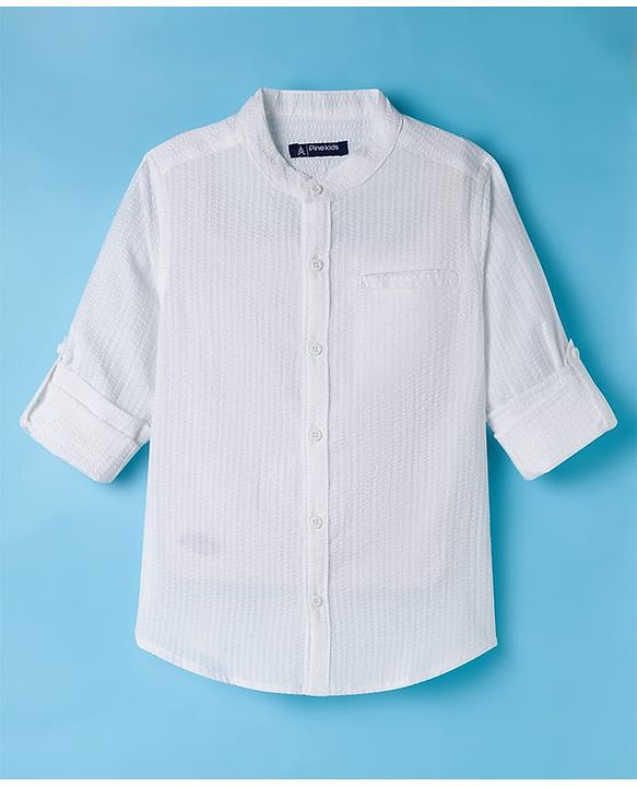 Pine Kids Cotton Woven Full Sleeves Mandarin Collar Solid Shirt - White