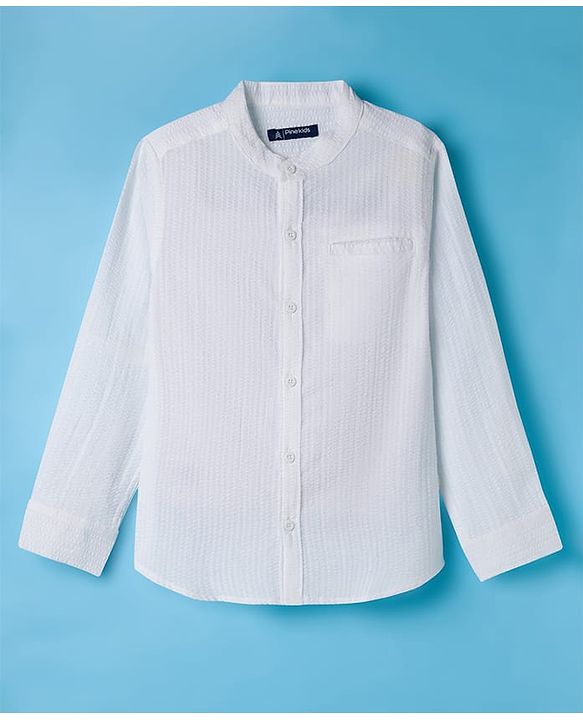 Pine Kids Cotton Woven Full Sleeves Mandarin Collar Solid Shirt - White