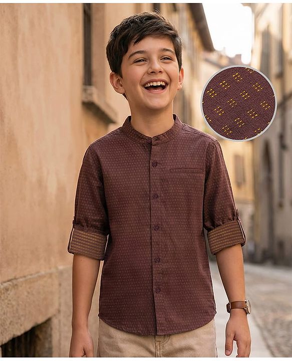 Pine Kids Cotton Woven Full Sleeves Mandarin Collar Printed Shirt - Brown