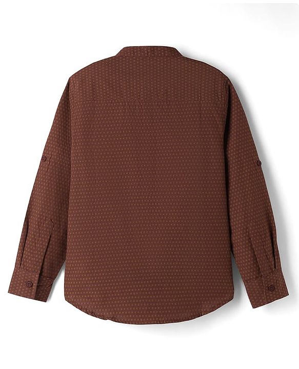 Pine Kids Cotton Woven Full Sleeves Mandarin Collar Printed Shirt - Brown