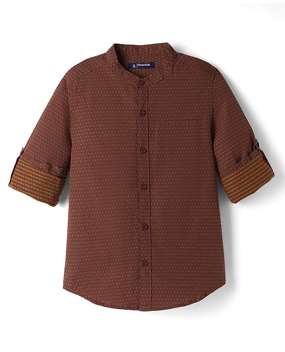 Pine Kids Cotton Woven Full Sleeves Mandarin Collar Printed Shirt - Brown