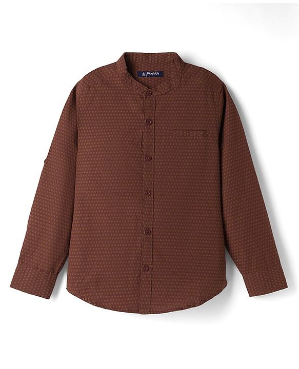 Pine Kids Cotton Woven Full Sleeves Mandarin Collar Printed Shirt - Brown