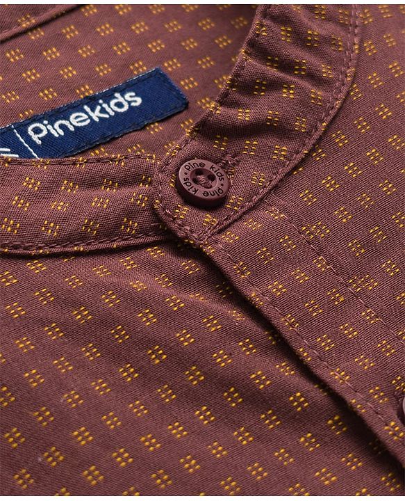 Pine Kids Cotton Woven Full Sleeves Mandarin Collar Printed Shirt - Brown