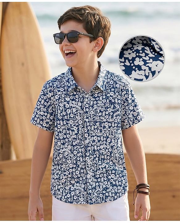 Pine Kids Cotton Knit Half Sleeves Floral Printed Shirt - Blue