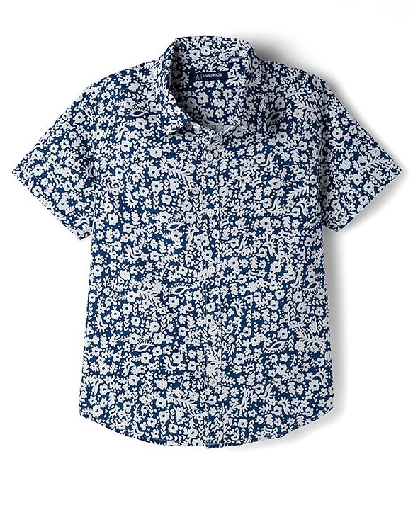 Pine Kids Cotton Knit Half Sleeves Floral Printed Shirt - Blue