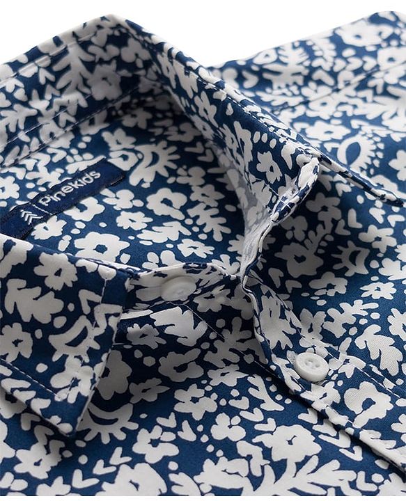 Pine Kids Cotton Knit Half Sleeves Floral Printed Shirt - Blue