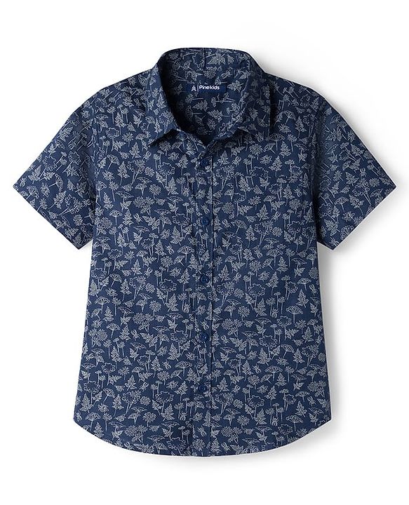 Pine Kids Cotton Knit Half Sleeves Shirt With Floral Printed - Navy Blue