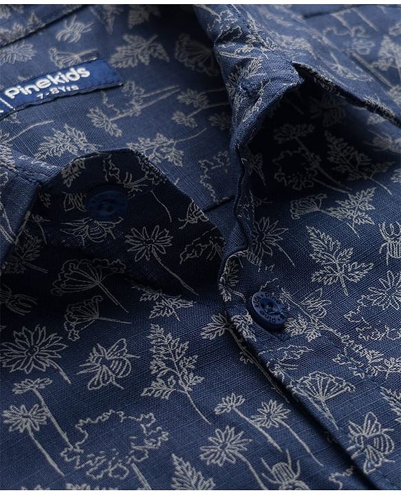 Pine Kids Cotton Knit Half Sleeves Shirt With Floral Printed - Navy Blue