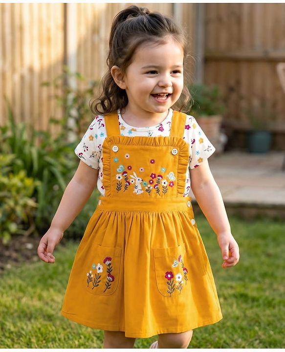 Babyhug Cotton Woven Frock & Half Sleeves Inner Tee With Floral Print & Embroidery - Yellow & White