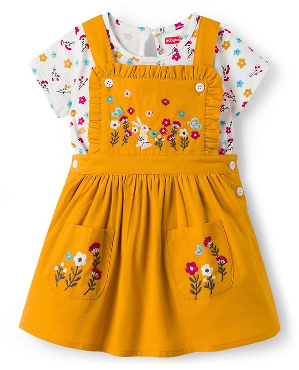 Babyhug Cotton Woven Frock & Half Sleeves Inner Tee With Floral Print & Embroidery - Yellow & White