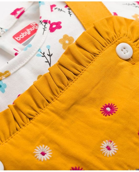 Babyhug Cotton Woven Frock & Half Sleeves Inner Tee With Floral Print & Embroidery - Yellow & White