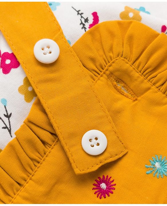 Babyhug Cotton Woven Frock & Half Sleeves Inner Tee With Floral Print & Embroidery - Yellow & White