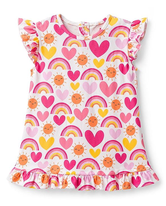 Babyhug Cotton Knit Sleeveless Rainbow & Hearts Printed Nighty - White