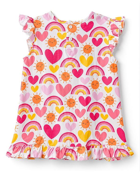 Babyhug Cotton Knit Sleeveless Rainbow & Hearts Printed Nighty - White
