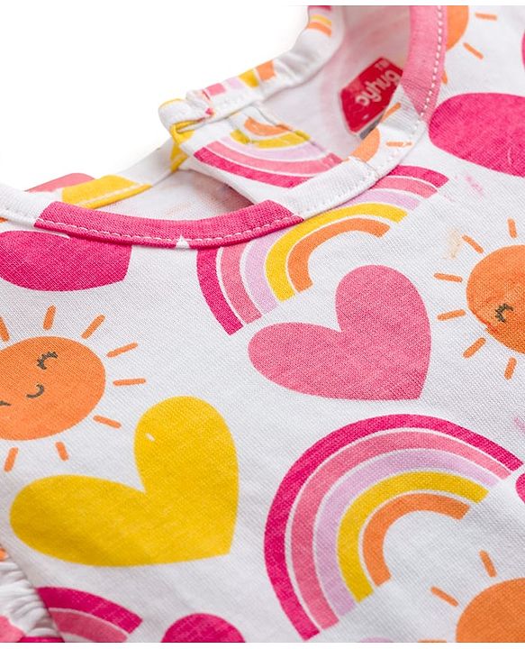 Babyhug Cotton Knit Sleeveless Rainbow & Hearts Printed Nighty - White