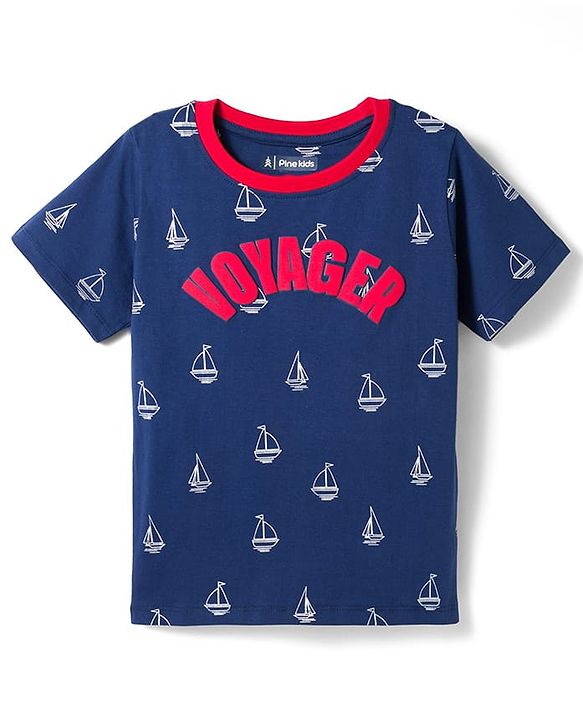 Pine Kids 100% Cotton Knit Half Sleeves Nautical Theme Printed  Co-Ords T-Shirt & Shorts Night Suit - Navy Blue