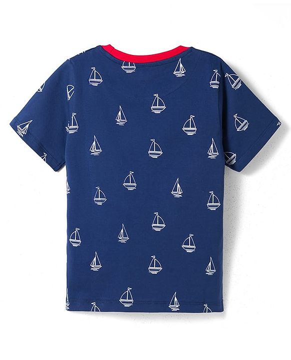 Pine Kids 100% Cotton Knit Half Sleeves Nautical Theme Printed  Co-Ords T-Shirt & Shorts Night Suit - Navy Blue