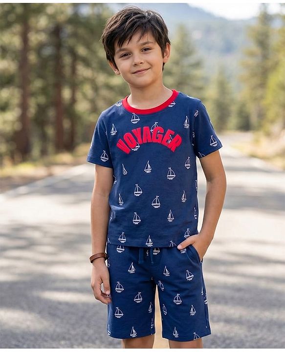 Pine Kids 100% Cotton Knit Half Sleeves Nautical Theme Printed  Co-Ords T-Shirt & Shorts Night Suit - Navy Blue