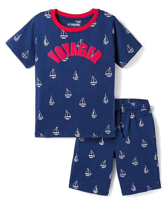Pine Kids 100% Cotton Knit Half Sleeves Nautical Theme Printed  Co-Ords T-Shirt & Shorts Night Suit - Navy Blue