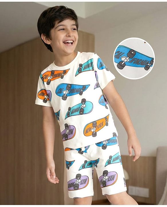 Pine Kids Single Jersey Knit Half Sleeves T-Shirt & Shorts Co-ord Night Suit With Skateboard Print - Off White