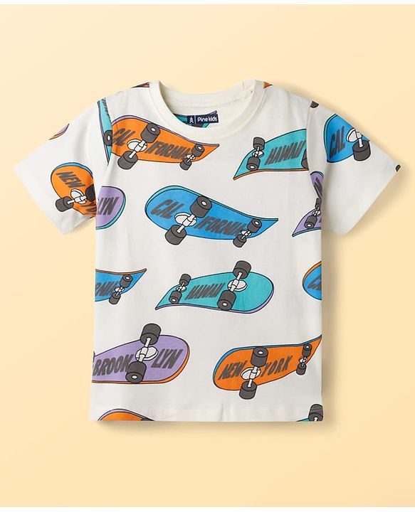 Pine Kids Single Jersey Knit Half Sleeves T-Shirt & Shorts Co-ord Night Suit With Skateboard Print - Off White