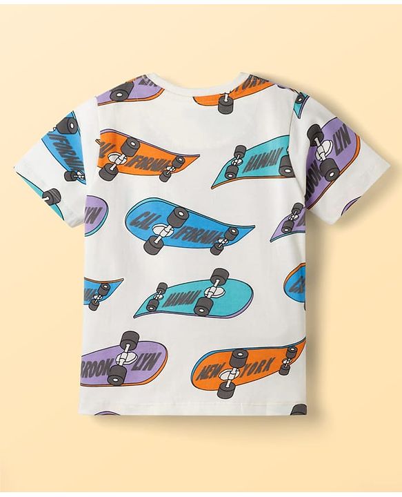 Pine Kids Single Jersey Knit Half Sleeves T-Shirt & Shorts Co-ord Night Suit With Skateboard Print - Off White