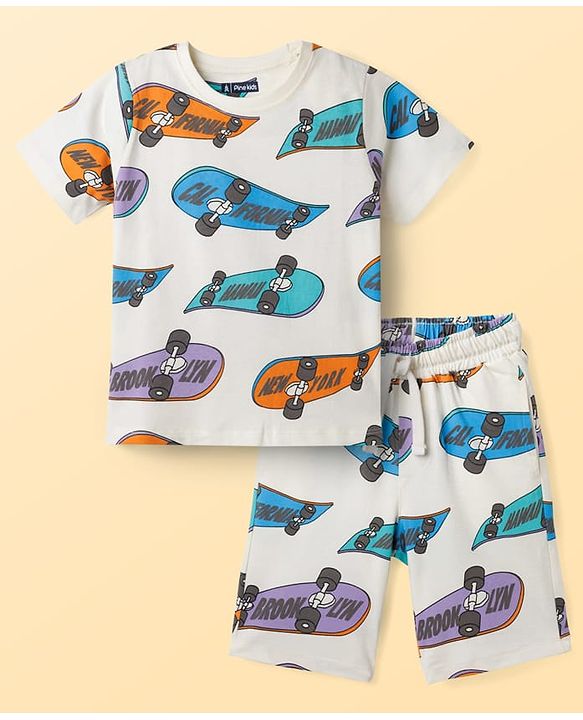 Pine Kids Single Jersey Knit Half Sleeves T-Shirt & Shorts Co-ord Night Suit With Skateboard Print - Off White