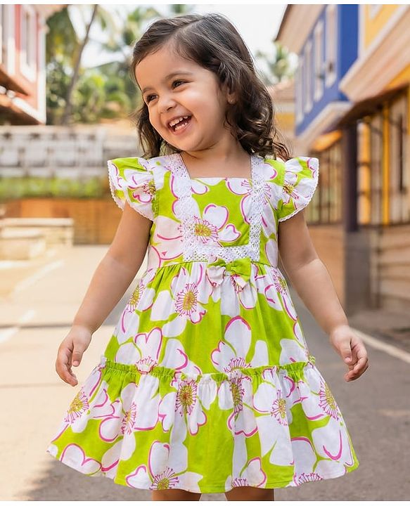 Babyhug 100% Rayon Woven Frill Sleeves Floral Printed Frock - White & Lime Green