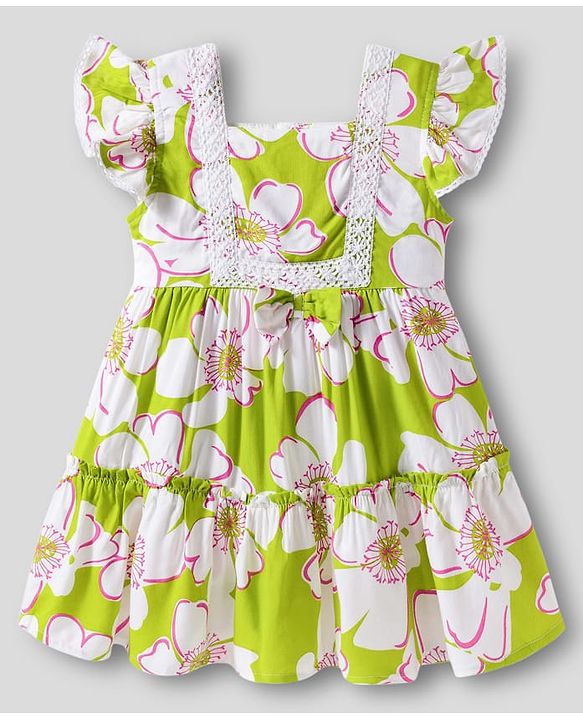Babyhug 100% Rayon Woven Frill Sleeves Floral Printed Frock - White & Lime Green