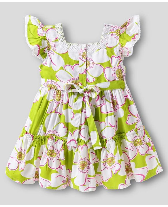 Babyhug 100% Rayon Woven Frill Sleeves Floral Printed Frock - White & Lime Green