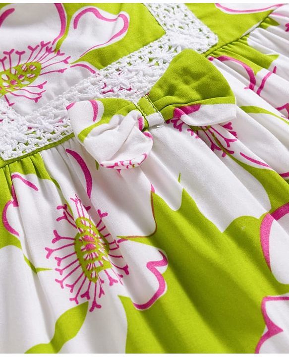 Babyhug 100% Rayon Woven Frill Sleeves Floral Printed Frock - White & Lime Green