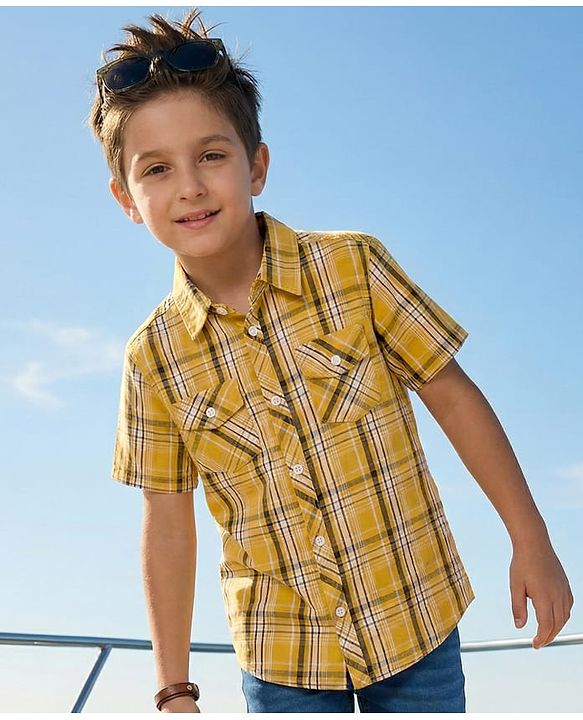 Pine Kids Cotton Woven Half Sleeves Checks Shirt - Yellow