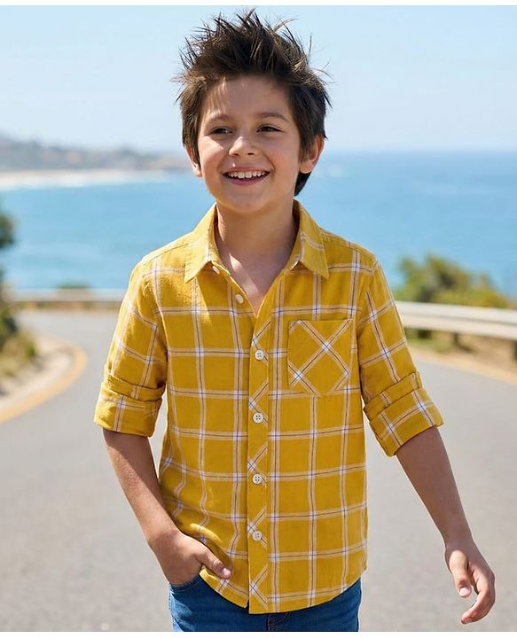 Pine Kids Cotton Woven Full Sleeves Checks Shirt - Yellow