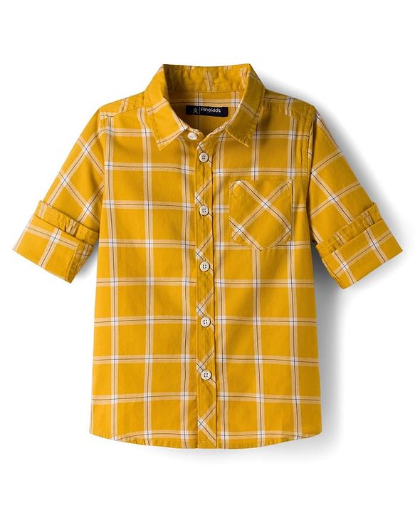 Pine Kids Cotton Woven Full Sleeves Checks Shirt - Yellow