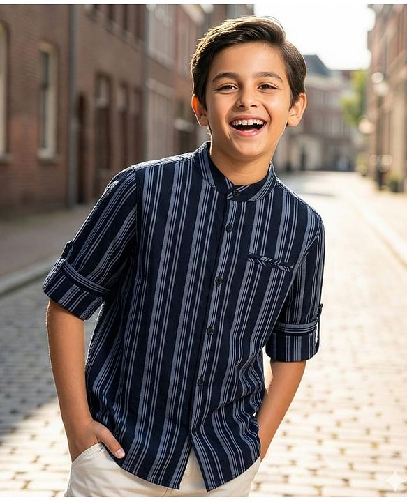 Pine Kids Cotton Woven Full Sleeves Striped Shirt - Navy Blue
