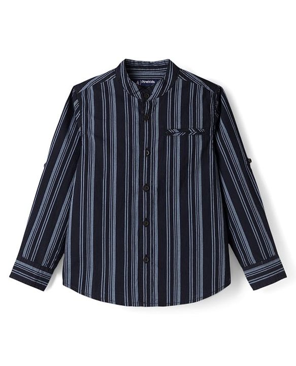 Pine Kids Cotton Woven Full Sleeves Striped Shirt - Navy Blue