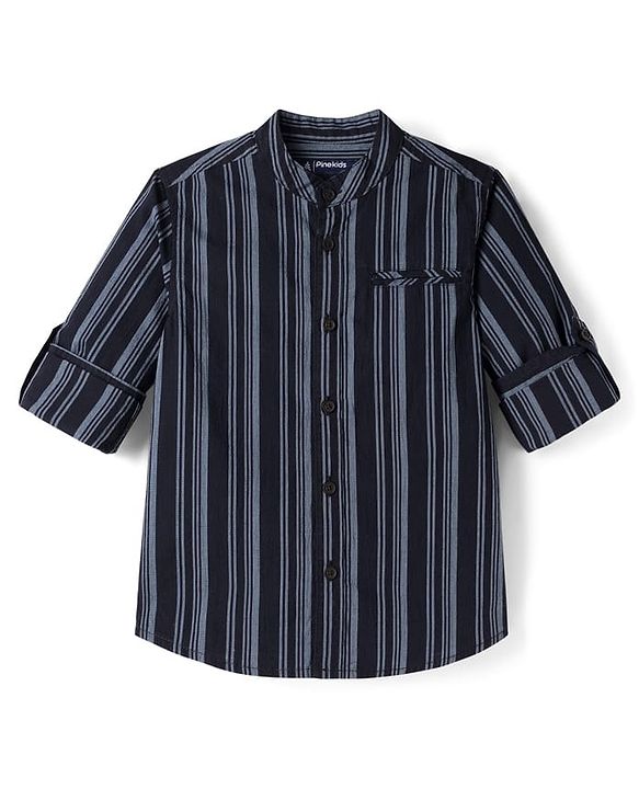 Pine Kids Cotton Woven Full Sleeves Striped Shirt - Navy Blue
