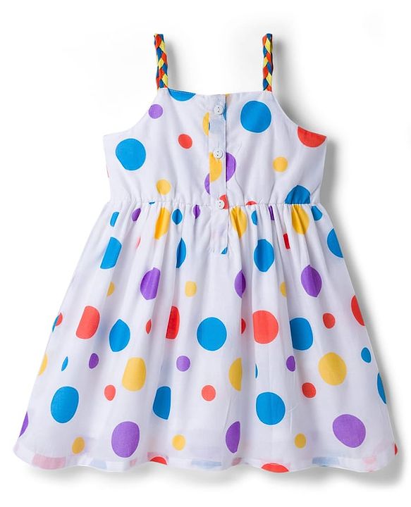 Babyhug Woven Sleeveless Frock With Polka Dot Print & Bow Applique - White