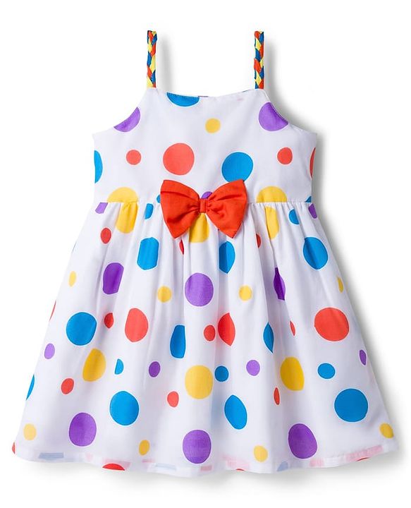 Babyhug Woven Sleeveless Frock With Polka Dot Print & Bow Applique - White